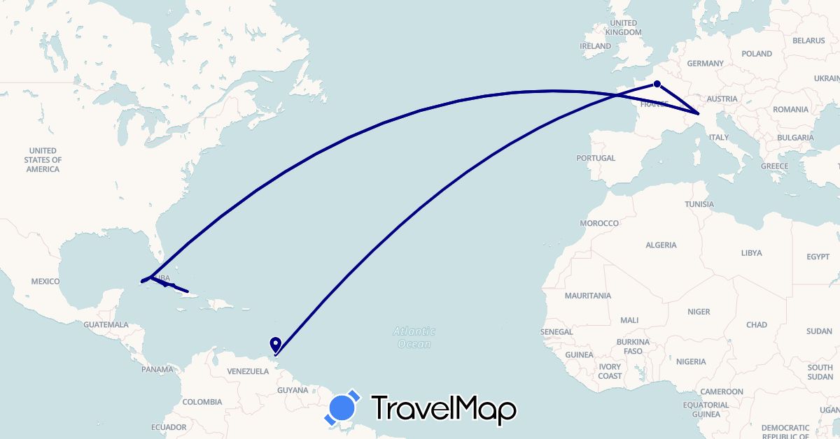 TravelMap itinerary: driving in Cuba, France, Italy, Trinidad and Tobago (Europe, North America)